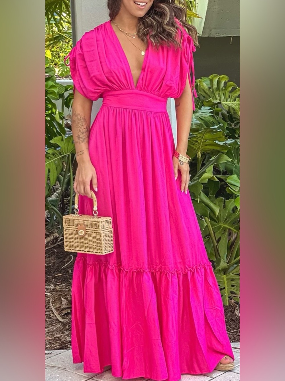 Rebdolls Satin Chemise in Hot Pink with Deep V
